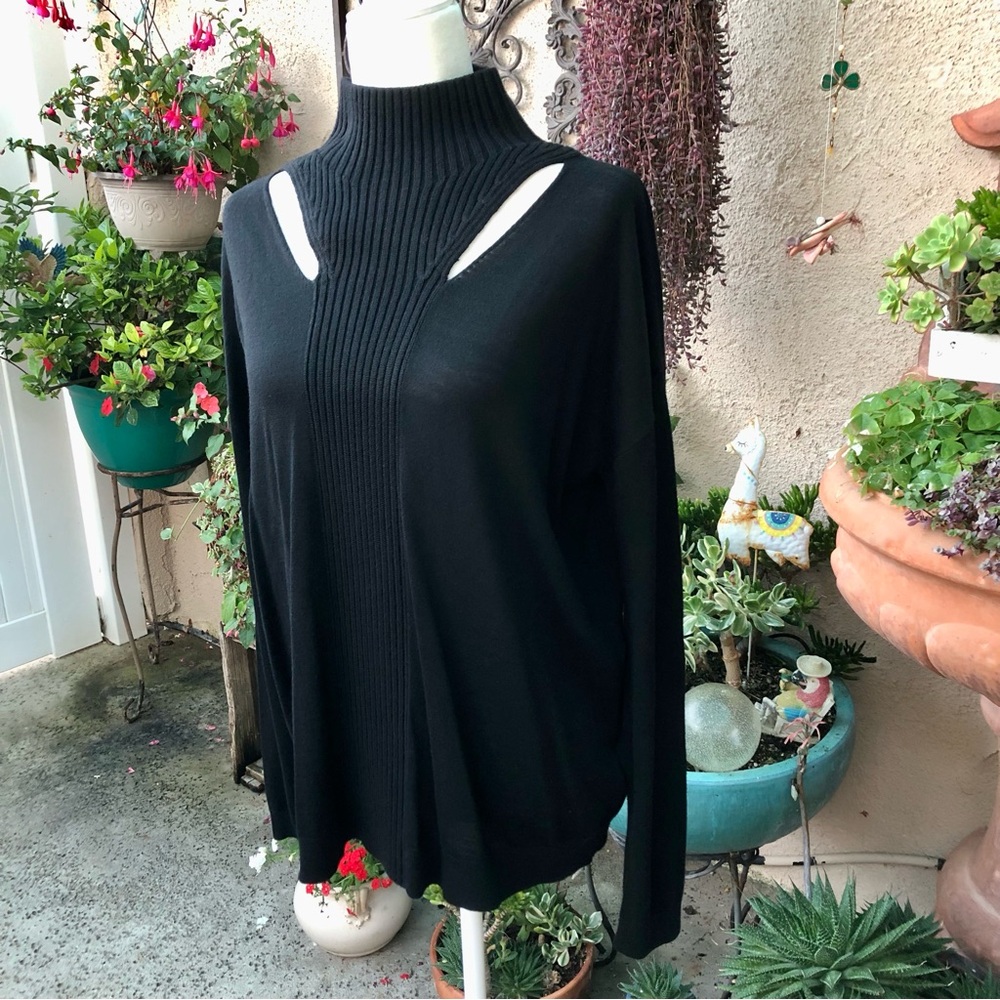 NWT Dorothee Schumacher Black Wool Mock Turtleneck Cut Out Sweater